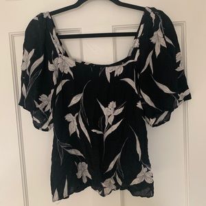 black and white floral square neck blouse